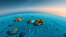 Surreal infinity pool that defies the laws of physics, extending in all directions like a boundless aquatic plane, water with perfect transparency revealing underwater constellations and luminous creatures swimming between dimensions, floating islands with tropical vegetation scattered like oases in the aquatic void, swimmers that seem suspended between realities while their reflections tell different stories, the curved horizon suggesting that the entire structure envelops an invisible planet,