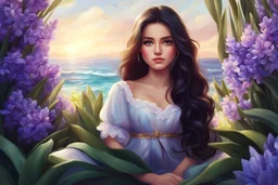 A beautiful girl is sitting surrounded by hyacinth flowers, long dark hair, ocean eyes, adorable digital painting, high quality, 4k