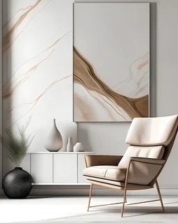 Beige lounge chair against marble wall with abstract poster. Minimalist home interior design of modern living room.