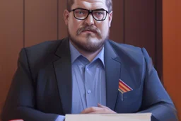 big russian man sitting at desk, portrait, speech, TV address, nametag, glasses, neck beard, bristly hair, mustache, shirt and suit-jacket; caricature style, black and white; pencil sketch