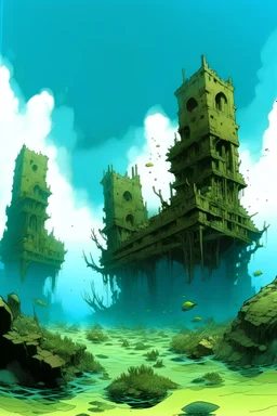 undersea ruins of triangular buildings covered in kelp, drawn by Jean Giraud, blue skies with clouds