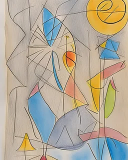 Abstract paul klee painting on watercolour paper with sketchy pencil outlines
