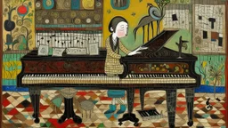 Lonely pianist, folk art surreal; mid-20th century naive art, abstract, incorporating significant textures and patterns in traditional craft making, it deals with the symbolism of handmade objects, abstract