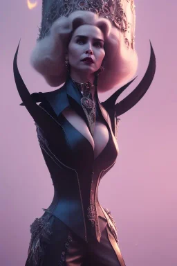 Constance Langdon as evil queen in black leather, leather, busty, cleavage, angry, stern look. character design by cory loftis, fenghua zhong, ryohei hase, ismail inceoglu and ruan jia. unreal engine 5, artistic lighting, highly detailed, photorealistic, fantasy