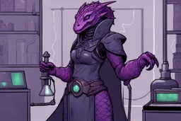 a black and purple, female argonian artificer who uses Tesla coils, skinny, wearing little armor, in her lab