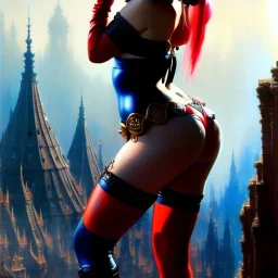 Drawing of beautiful face,'beautiful booty ,Busty Harley Quinn',intense stare, ancient skintight armor, balanciaga fashion clothe painting by gaston bussiere, greg rutkowski, yoji shinkawa, yoshitaka amano, tsutomu nihei, donato giancola, tim hildebrandt, Oil on canvas, cinematic composition, extreme detail,fit full head inside picture,16k