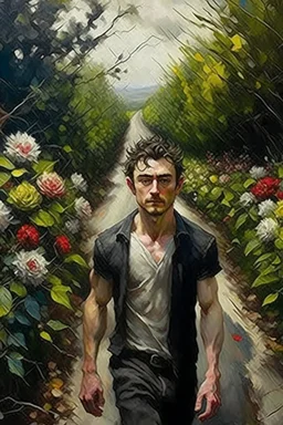 Oil painting expresses a road full of beautiful flowers and around this road thick thorns and at the end of the road stands a very handsome man with black hair oil painting