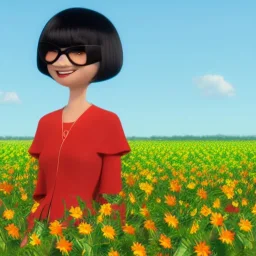 Edna Mode from the Incredibles lying in a field of flowers and watermelons, computer generated graphics