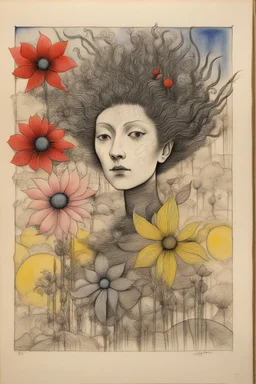 Schiță în creion de Jean Cocteau reprezentand o imagine pe temanatura statica cu flori , cu culori primare tari, fantezie de înaltă definiție calitate clară, stiluri de Utagawa Hiroshige, Paul Klee Dee Nickerson și Tim Burton, acuarelă topită și contururi de cerneală neagră pe hârtie umedă, linii moi, umbrite