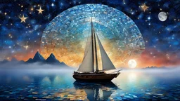 (Digital Mosaic art:2),Mosaic Tile Art,Mosaic, magic flying explorer approaching the pleiades aboard a magical sailboat in the sky,mist fog,gravity-defying,aloft flight,night sky,cosmic