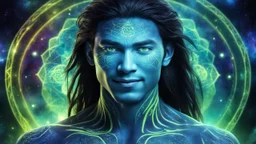 beautiful gorgeous young man na'vi with long hair, Avatar, blue skin, two small ears, green eyes, black hair, in cosmic suit, galactic ambiance, medium pointy goatee , smiling, nebulas and sacred geometry light figures on the backgroud,