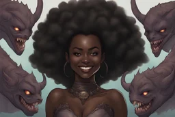 sexy dark-skinned woman smiling with half her face shapeshifted into monsters fantasy dnd art