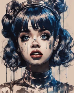 Poster in two gradually, a one side the Singer Melanie Martinez face, full body, painting by Yoji Shinkawa, darkblue and sepia tones,sinister, detailed iridescent, metallic, translucent, dramatic lighting, hyper futuristic, digital art, shot with Sony Alpha a9 Il and Sony FE 200-600mm f/5.6-6.3 G OSS lens, natural light, hyper realistic photograph, ultra detailed -ar 3:2 -q 2 -s 750,malevolent goth vampire girl face and other side