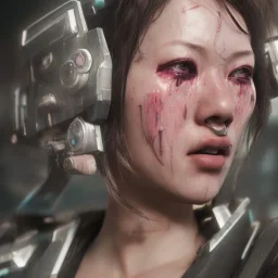 portrait closeup face crying and shout half hitomi tanaka half cyborg middlecyborgs post-apocalypse in a cyberpunk city, sci-fi fantasy style, volumetric lighting, particales,highly detailed,cinamatic, intricate, deep colours,