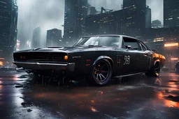 photo of a retrofitted cyberpunk 1969 Dodge Charger r/t wit (battered:1.6) with battered chassis, heavy industrial accessories fitted on hood, sides and roof, blackened tinted windshields, aggressor thin led headlights and rusty dark rims, menacing car style, cyberpunk city scene in background, towering skyscrapers, heavy rain