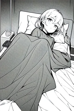 girl on a hospital bed, line arts, greyscale,