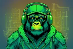 futuristic vector illustration of a full body friendly gorilla with glasses and cap and technical elements in green-blue colours