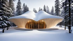 7195, rule of thirds, delightful, sensitive, confident, undulating sinusoidal theatre with pointed hyperbolic roofs, forest, delicate, thick snow, sunshine, symmetrical, exquisite architecture, innovative design, perfect symmetry, award-winning photograph, beautiful composition, filled with beautiful detail, delicate colour, chiaroscuro