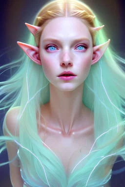 female elf, high cheekbones, white scale high tech armor, cybernetic jaw, cybernetic throat, blue crystal in the center of the armor, laying on the back at grassfield, single character, red hair, long flowing hair, green eyes, photorealistic, realism