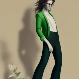 Woman with crutch, back, black trousers, green shirt, render background, brown hair