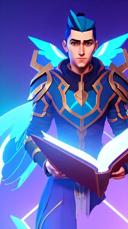 a human male with blue short hair and blue wings in assymetrical armor with geometric patterns and a book in hand, geometric wings