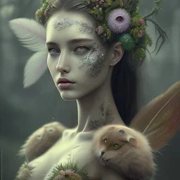 Portrait of beautiful girl, plant, metal, feathers, Dryad, fae, sidhe, ominous, nature, plants, wildflower, facepaint, dnd character portrait, intricate, oil on canvas, masterpiece, expert, insanely detailed, 4k resolution, retroanime style, cute big circular reflective eyes, cinematic smooth, intricate detail , soft smooth lighting, soft pastel colors, painted Renaissance style,bokeh, 800mm lens