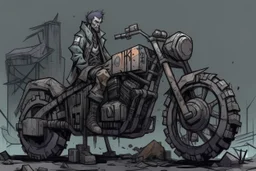 motorcycle, comic book,post-apocalypse, gray background,
