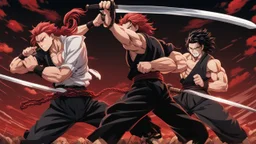 yujiro hanma vs yoriichi tsugukuni, baki vs kimetsu no yaiba, two mans standing in front of each other, a big strong man in black shirt with red hair and evil grin in martial art's stance with bare fists facing a smaller feminine swordsman with long hair and calm face reaching for his sword in traditional japanese clothes both preparing to fight each other