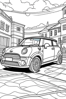 coloring page, car Mini Cooper alternative parked on the asphalt street, cartoon style, thick lines, few details, no shadows, no colors