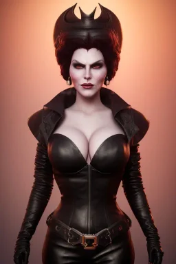 Amy Dumas as evil queen in black leather, leather, busty, cleavage, angry, rage, stern look. character design by cory loftis, fenghua zhong, ryohei hase, ismail inceoglu and ruan jia. unreal engine 5, artistic lighting, highly detailed, photorealistic, fantasy