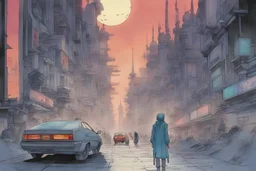 retro anime style, full color, dark serious 1980s anime Lunar Punk city, moebius artist, magic, watercolor,