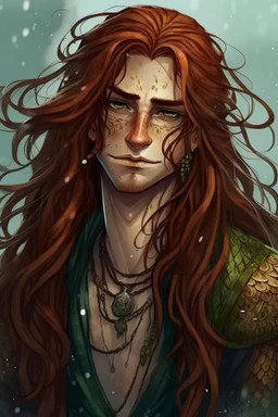 scaly wet pirate nereid male with freckles and seaweed in long auburn hair