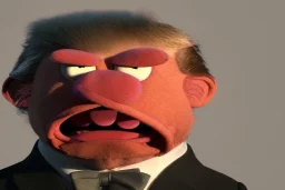 Angry muppet trump in suit, no tongue, looking forward, face, smaller, round puffball nose, eyebrows, no teeth, no nose