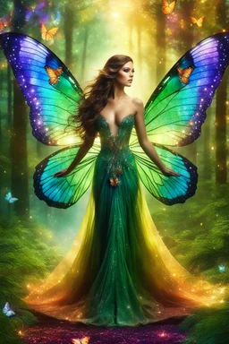 Gorgeous Photography Ultra Realistic Natural Beautiful Butterflies woman straddle wings with gown shiny brown flowing hair, glitter colorful Butterflies wings, lovely glowing green eyes, surrounded by magical colorful forest and flickering lights, digital photography, kaleidoscope, vibrant colors, vivid colors, colorful,in magic forest full sparkling light