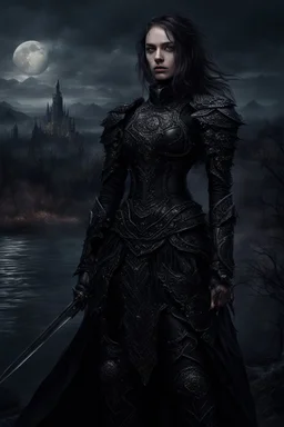 A formidable warrior girl in black armor, against the background of an amazing gloomy landscape, flooded with the light of two moons, mountains, trees, a fabulous scary landscape, juicy emotions, painting, dark fantasy, gloomy day, dark world, portrait, Gothic Town At Night, Fantasy, Intricate Details, Castle Courtyard Gardens, Hyper Detailed,