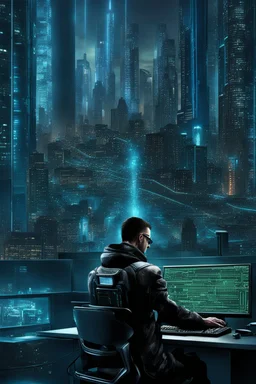 cyberpunk programmer _Cat-human hybrid_Typing_on_computer_background binary codes, surrounded_by_mindent_3D_binary matrix codes and neutron mesh_etheral, Paranoid_sci-fi_in background_a_tall_cyberpunk_city, the cat hacker watchings monitor, Hyperrealistic texture, high detail, Sinister, cold dynamic lighting, dark-neon colors, Ultra_HD_intense_focus