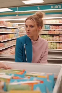 In the music video, a 23-year-old woman with brown/blonde hair and bright blue eyes. she has a messy bun. Standing in the freezer section of a supermarket. Reading a book. you can see it is cold. Wes anderson style. She is sitting in a cosy sofa with a small table next to her and a lamp. People are shopping near her. The freezers are behind her. There is only one book. You can see the shoppers next to her. The colors are green and orange. It is a happy vibe.