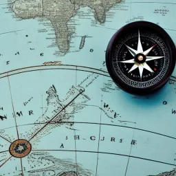 Compass on top of an old leathery ocean map