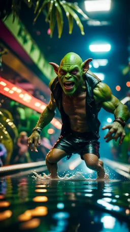 pimp rocker alien orc vampire gremlin diving in water slide in the middle of crazy dance moves dancing on buss parked in dark lit reflective wet jungle hall tunnel,bokeh like f/0.8, tilt-shift lens 8k, high detail, smooth render, down-light, unreal engine, prize winning