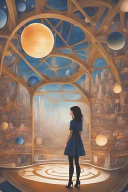 A E Marty, Jean Lambert-Rucki, Surreal, mysterious, bizarre, fantastical, fantasy, Sci-fi, Japanese anime, mathematical formula universe, geometric buildings, beautiful girl in perspective, perspective drawings and blueprints, floating spheres, detailed masterpiece