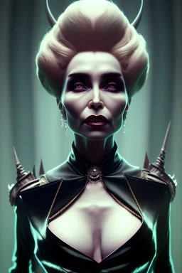 Constance Langdon as evil queen in black leather, leather, busty, cleavage, angry, stern look. character design by cory loftis, fenghua zhong, ryohei hase, ismail inceoglu and ruan jia. unreal engine 5, artistic lighting, highly detailed, photorealistic, fantasy