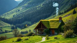 A cozy cottage nestled in a lush, green valley, with smoke curling from the chimney. Beautiful award-winning colour photograph, rule of thirds, balanced delightful composition, perfect lighting, superb detail, 16k render