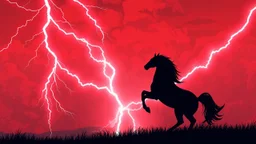 silhouetted horse rearing up(on right, facing left, outlined by lightning), red cloudy sky, lightning bolts(from top left, to bottom right), fantastic illustration