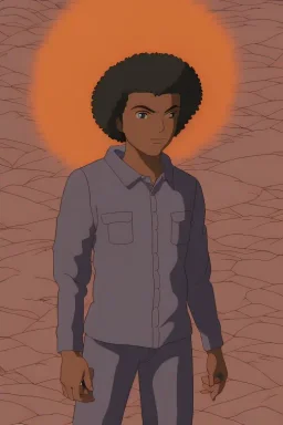 3D render of a cyberpunk tribal young black man, black afro hair, ragged shirt, on a orange dune background, digital art