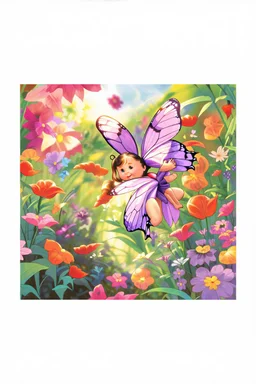 a striking purple butterfly flying by,colorful garden background , child book illustration style, faces must be the same as reference image