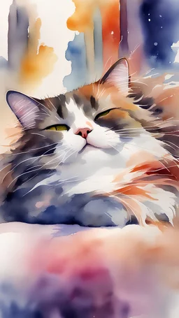 Watercolor of a sleeping cat with long hair and intense colors in a city.