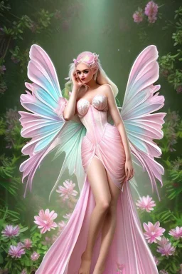 Magnifique woman lady fairy facing happy voluptuous white pink enchanted flowers wings magic long big dress pink outerspace stars planets