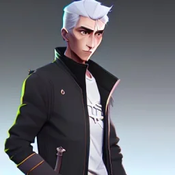 gray-haired young man with katana in black baggy jaket