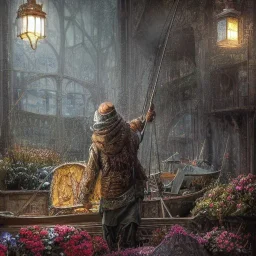 Insanely detailed photograph of an “artexture plans fisherman ” with intricate detailed of natural lighting, intricate embroidered band of ceiling candles, hyperdetailed painting by Ismail Inceoglu Huang Guangjian and Dan Witz CGSociety ZBrush Central fantasy art album cover art,8K, hdr, romantic, mysterious, ominous, flowers, jewelry, steam,oil,cafe,street vendor,steamship,D&D