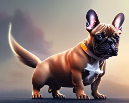 a detailed illustration of a french bulldog, phoenix bird wallpaper, luminescent body, full body, symmetrical body, realistic, glowing muscles, sharp focus, meticulously detailed, soft evening sky, 64k